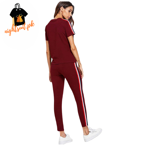 Red and White Striped Tracksuit Tape Tee & Leggings Pants Set for Women