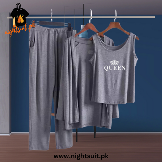 Queen Grey Long Sleeve Women Night Suit PJ Set 3 Pieces