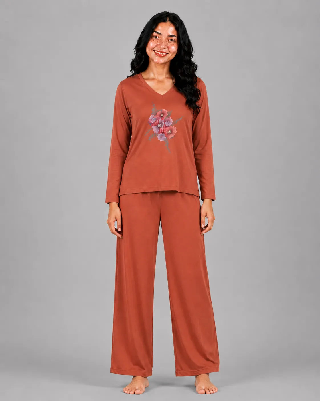 Women V-Neck Lounge Wear | Flower - Rusty