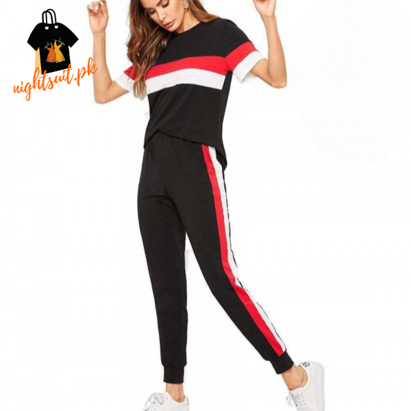 Black Red & White Stripe Tracksuit for Women