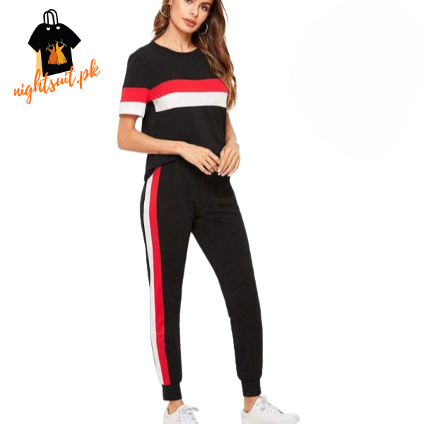 Black Red & White Stripe Tracksuit for Women