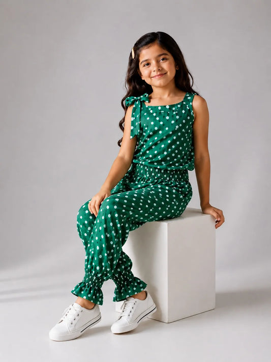 Girls Green Polka Dot Sleeveless Jumpsuit