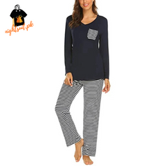 Navy Blue Striped Patch Pocket Top And Pants PJ Set