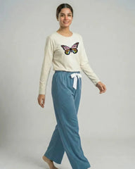 Women Premium 2 Piece Lounge Set | Rainbow Butterfly - White & Blue