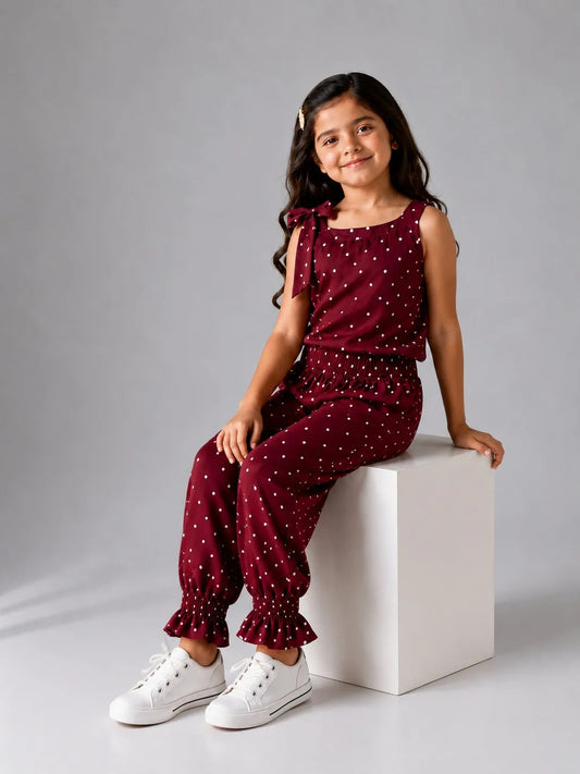 Girls Maroon Polka Dot Sleeveless Jumpsuit