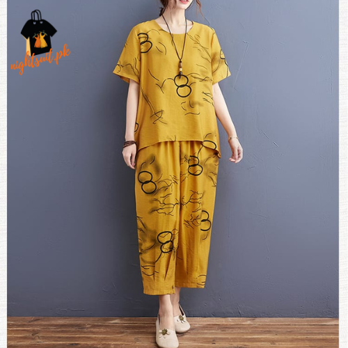 Yellow Black Circle Printed Capri PJ Nightsuit