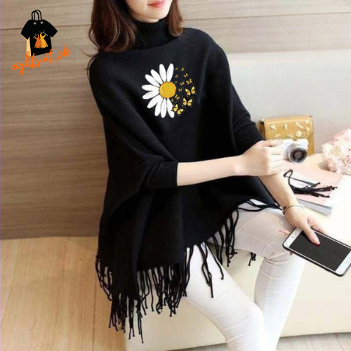 Black Daisy Flower Printed Poncho
