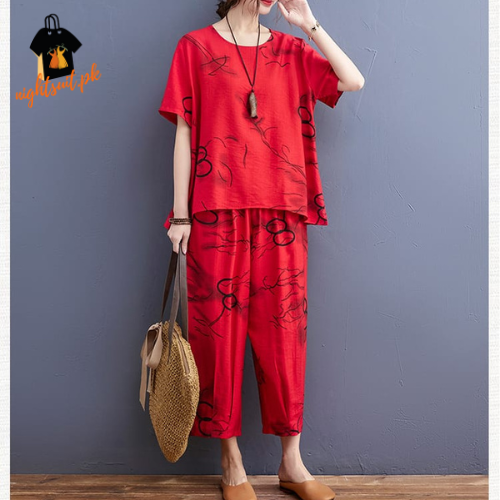 Red Black Circle Printed Capri PJ Nightsuit