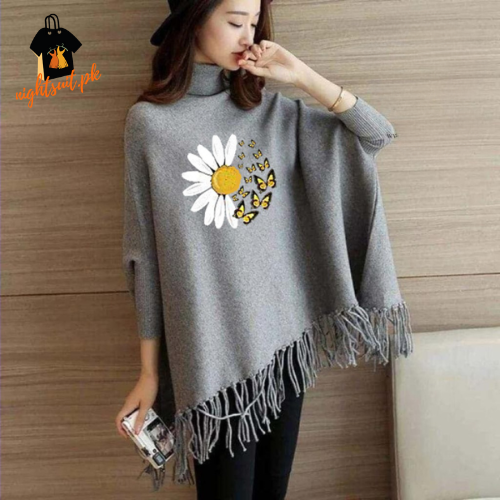 Grey Daisy Flower Printed Poncho