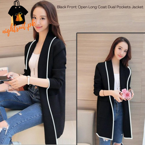 Black Front Open Long Coat Dual Pockets Jacket