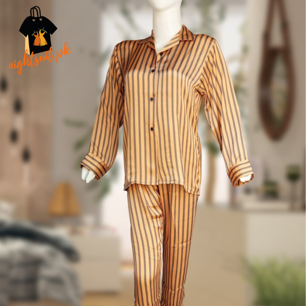 Black & Gold Striped Silk Pajama Set For Women