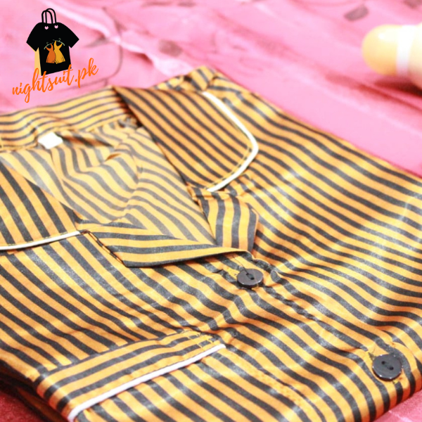 Black & Gold Striped Silk Pajama Set For Women