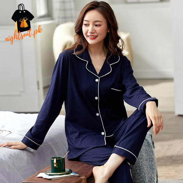 Blue Silk Night Suit Turn Down Collar Long Sleeves