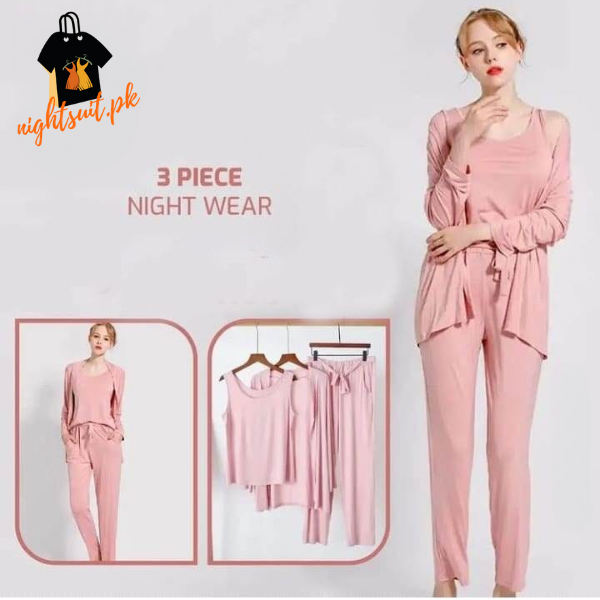 Baby Pink Long Sleeve Women Night Suit PJ Set 3 Pieces