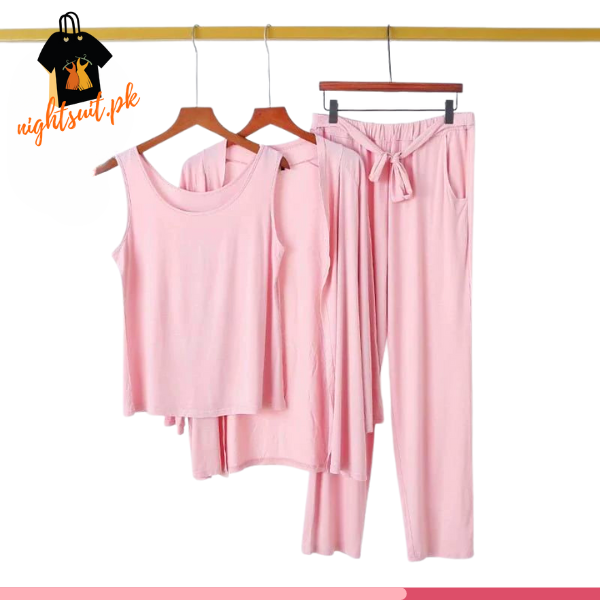 Baby Pink Long Sleeve Women Night Suit PJ Set 3 Pieces