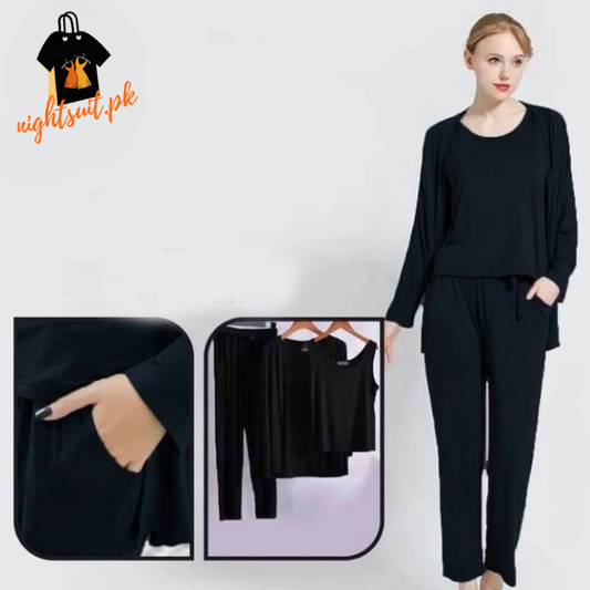 Black Long Sleeve Women Night Suit PJ Set 3 Pieces