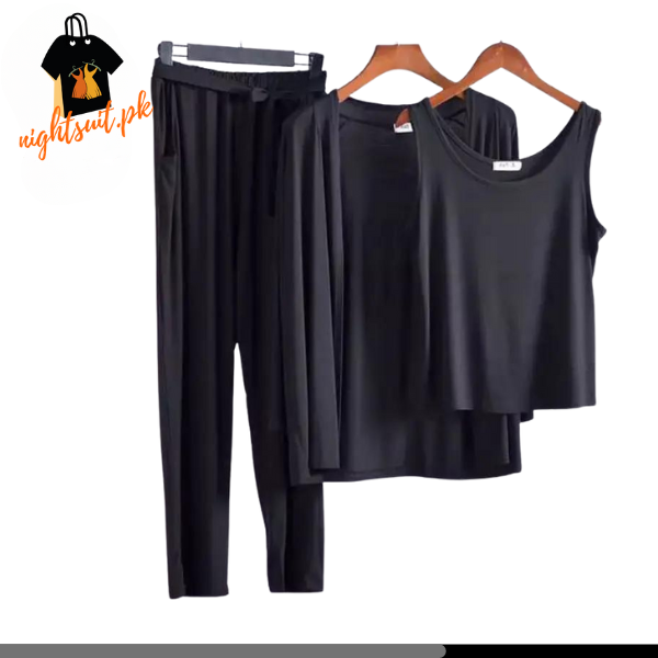 Black Long Sleeve Women Night Suit PJ Set 3 Pieces