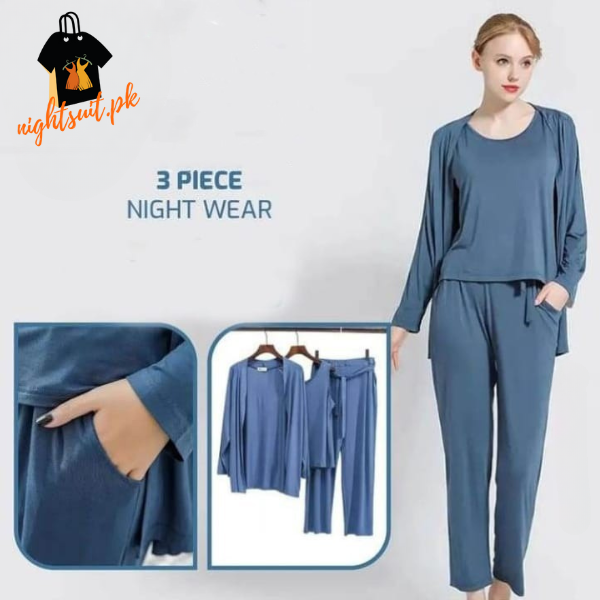 Blue Long Sleeve Women Night Suit PJ Set 3 Pieces