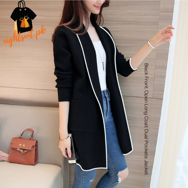 Black Front Open Long Coat Dual Pockets Jacket