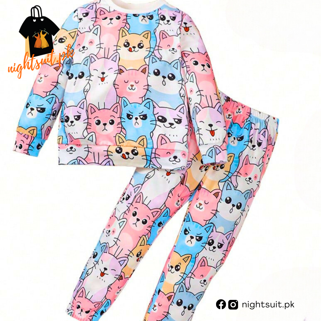 Multi Color Cat Kids Sweatshirt & Pant