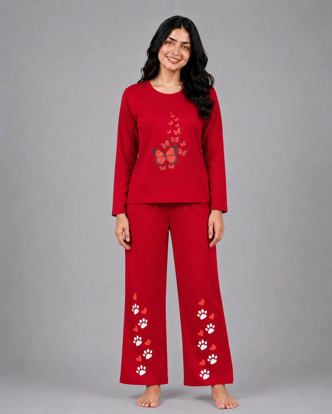Women Round-Neck Lounge Wear | Red Butterfly - Red