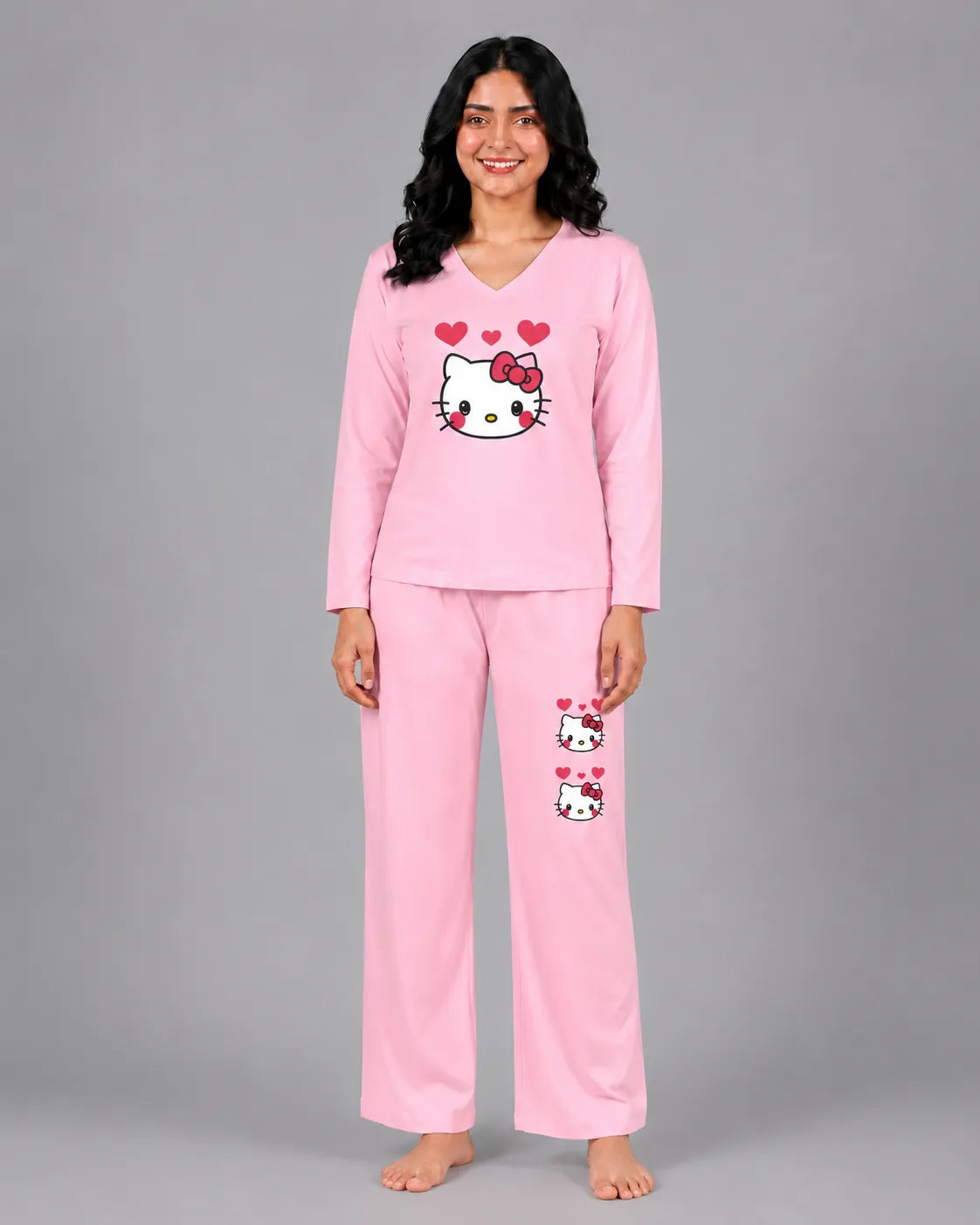 Women V-Neck Lounge Wear | Hello Kitty - Baby Pink