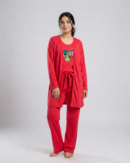 Women 3 Pieces Night Suit - Love Color | Red