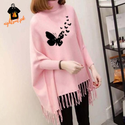 Pink Flying Butterfly Printed Poncho