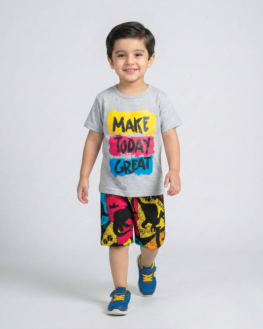 Make Today Great Grey T-Shirt & Printed Shorts Set