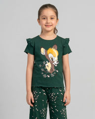 Dark Green Bambi Printed Kids Co-Ord Set
