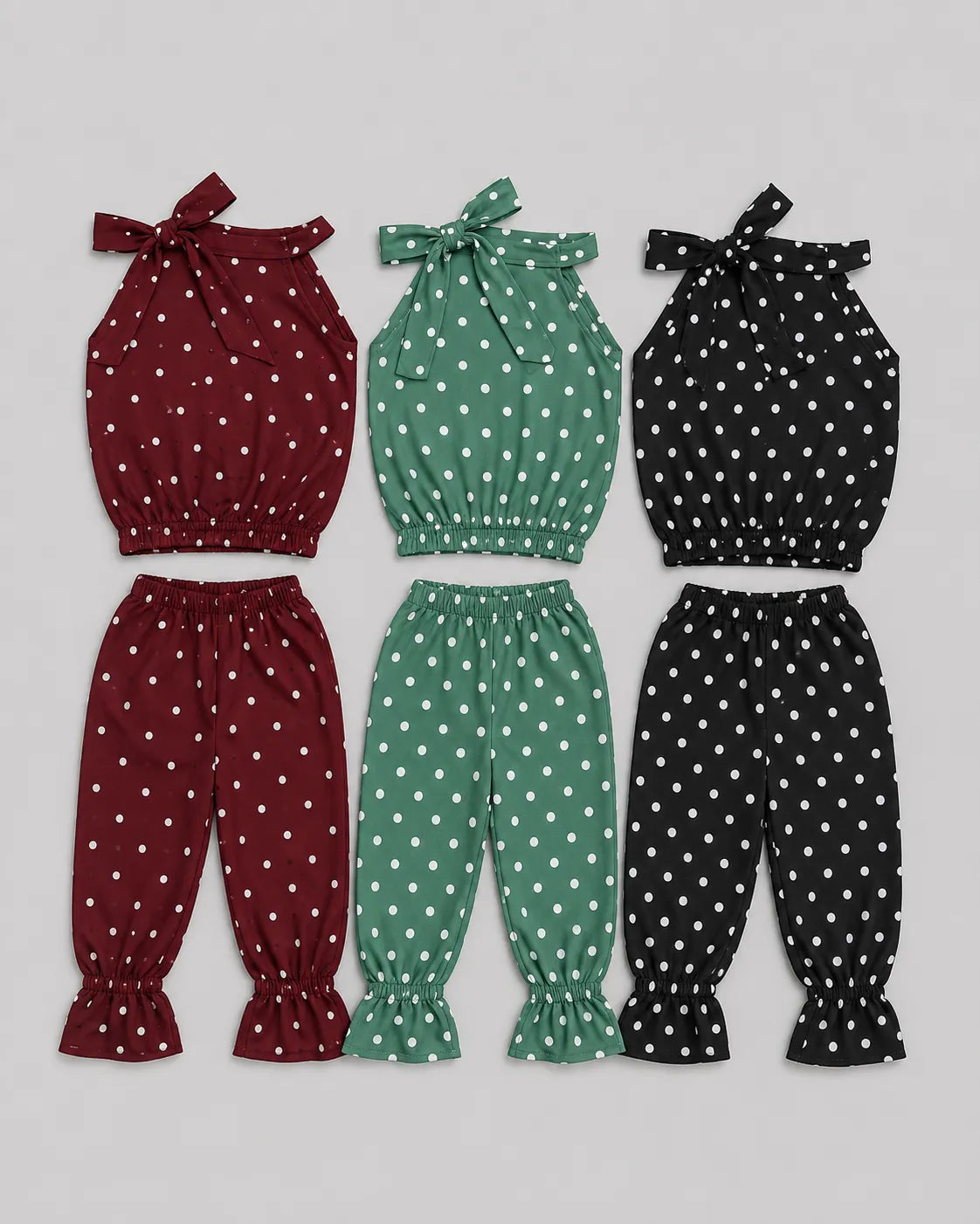 Pack Of 3 Kids Polka Dot Jumpsuit | Maroon, Green & Black