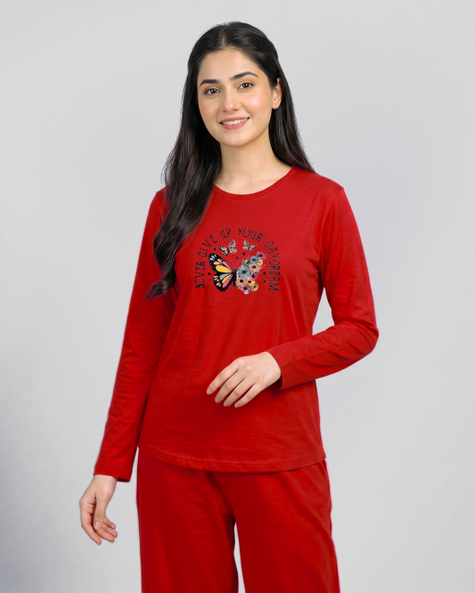 Women Round-Neck Lounge Wear | Never Give Up - Red