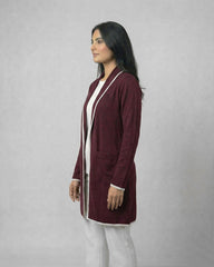 Maroon Front Open Long Coat Dual Pockets Jacket