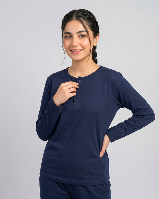 Women Button Style 2 Piece Lounge Wear - Navy Blue