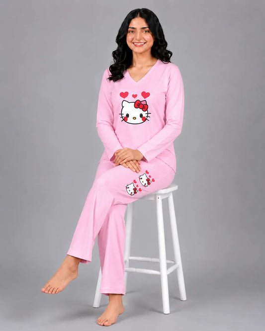 Women V-Neck Lounge Wear | Hello Kitty - Baby Pink