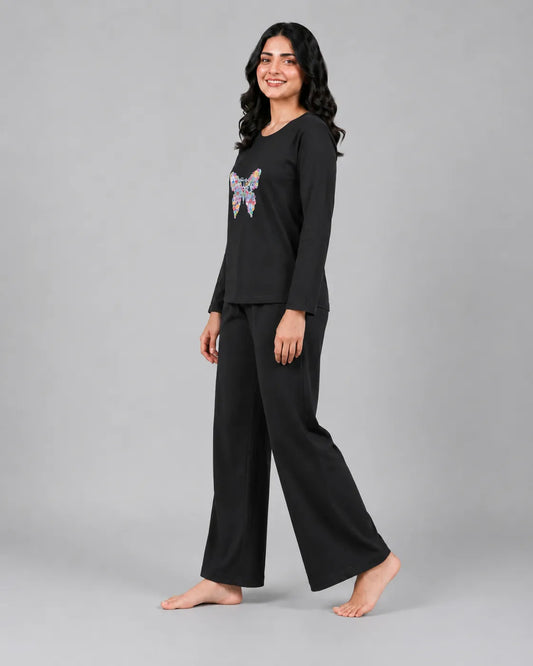 Women Round-Neck Lounge Wear | Colored Butterfly - Black