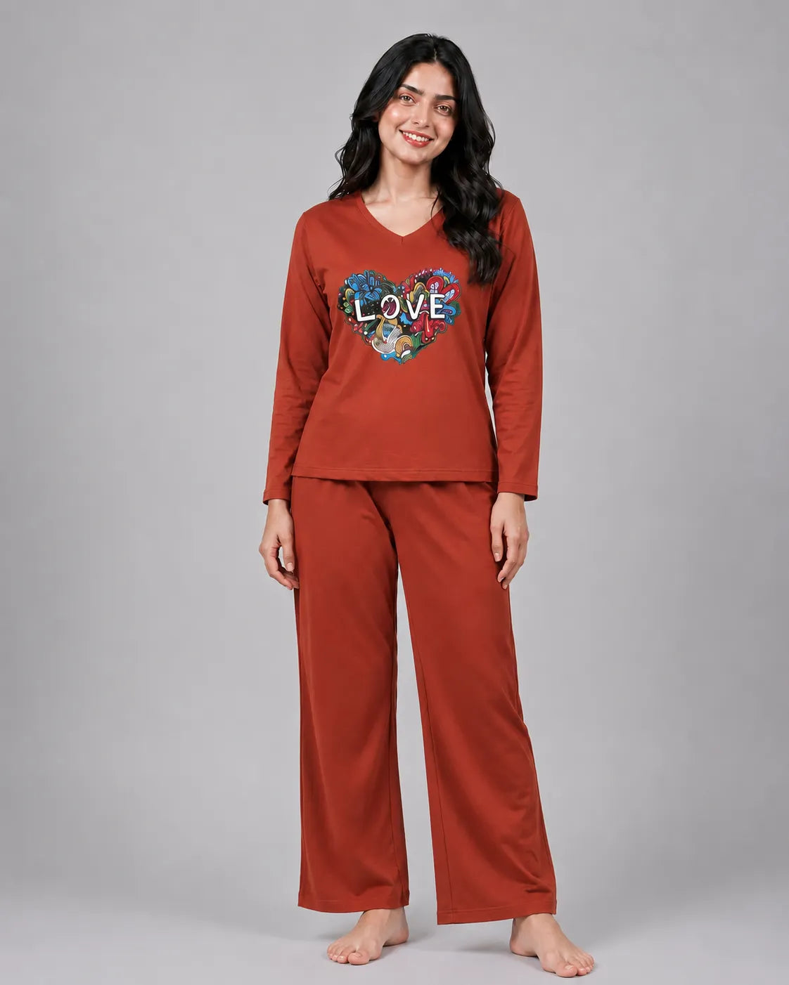 Women V-Neck Lounge Wear | Love Color - Rusty