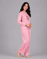 Women Round-Neck Lounge Wear | Flower - Baby Pink