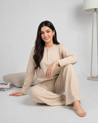 Women Button Style 2 Piece Lounge Wear - Beige
