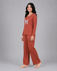 Women V-Neck Lounge Wear | Colored Butterfly - Rusty