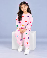 Multi Heart Printed Sweatshirt Set - pink