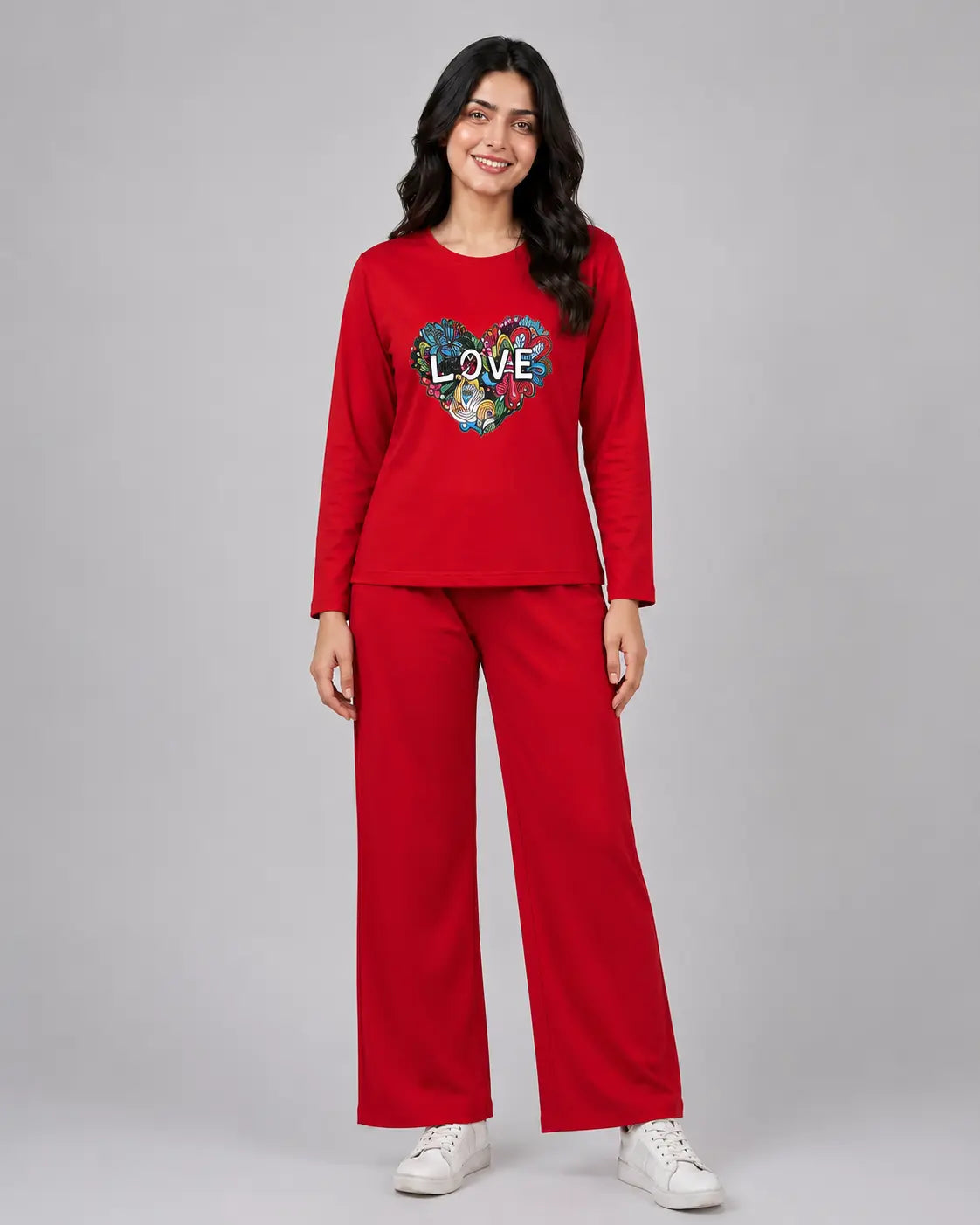 Women Round-Neck Lounge Wear | Love Color - Red