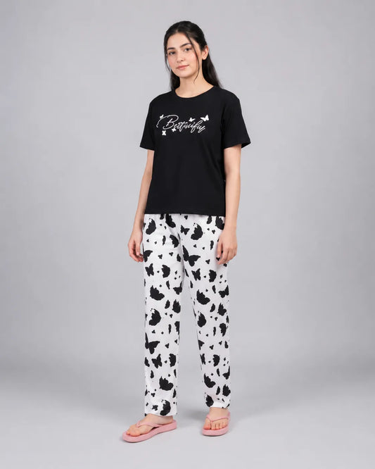 Black Butterfly Print pajama Set