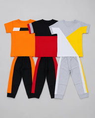 Pack Of 3 Kids Pajama Set | Orange Block, Maroon Panel, & Sunny Strike