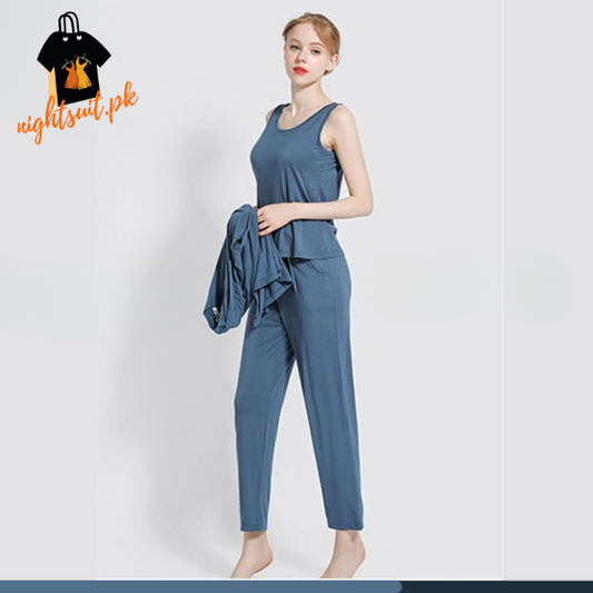 Blue Long Sleeve Women Night Suit PJ Set 3 Pieces