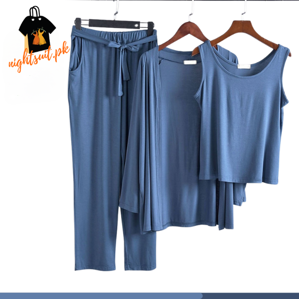 Blue Long Sleeve Women Night Suit PJ Set 3 Pieces