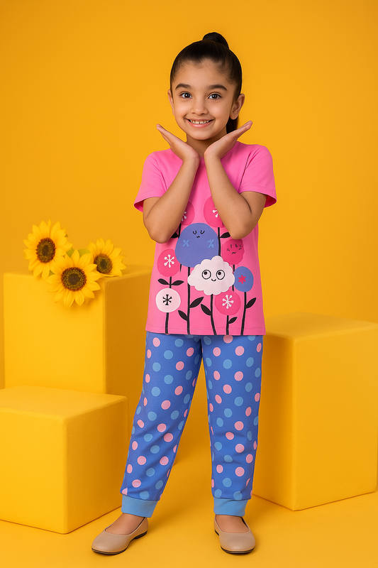 Girls' Cute Cat &amp; Flower Print Pajama Set - Short Sleeve