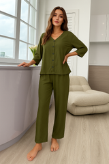 V-Neck Button Women Night Suit PJ Set