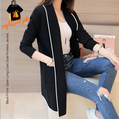 Black Front Open Long Coat Dual Pockets Jacket