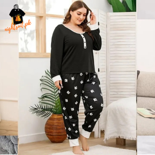 Black Printed with Button Nightsuit Pajama Set